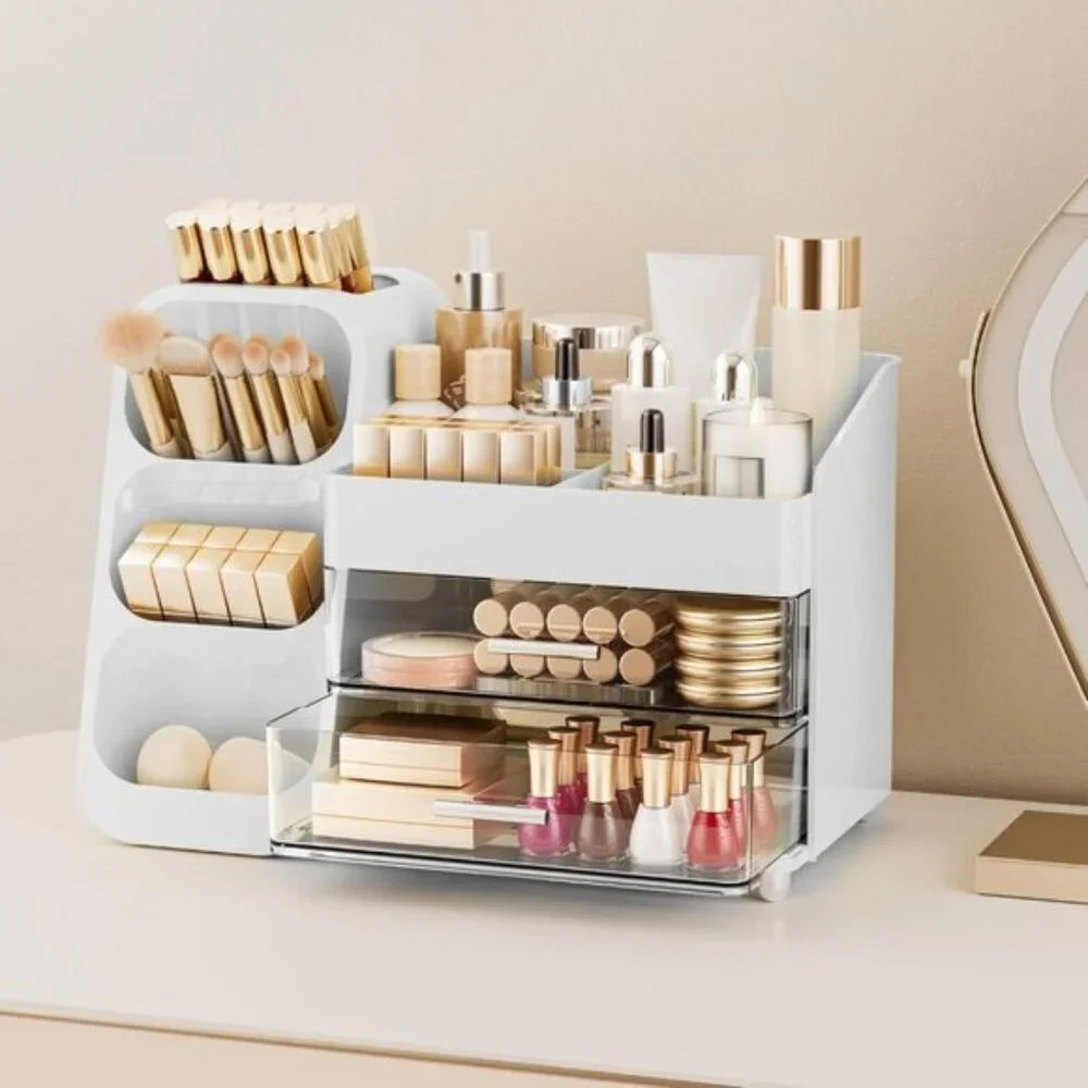 New Makeup Organizer with Drawers & Brush Holder for Vanity & Skincare Storage